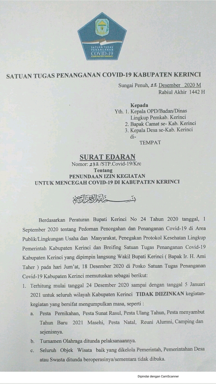 Mulai 24 Desember, Pemkab Kerinci Tutup Semua Objek Wisata dan Larang Masyarakat Gelar Pesta