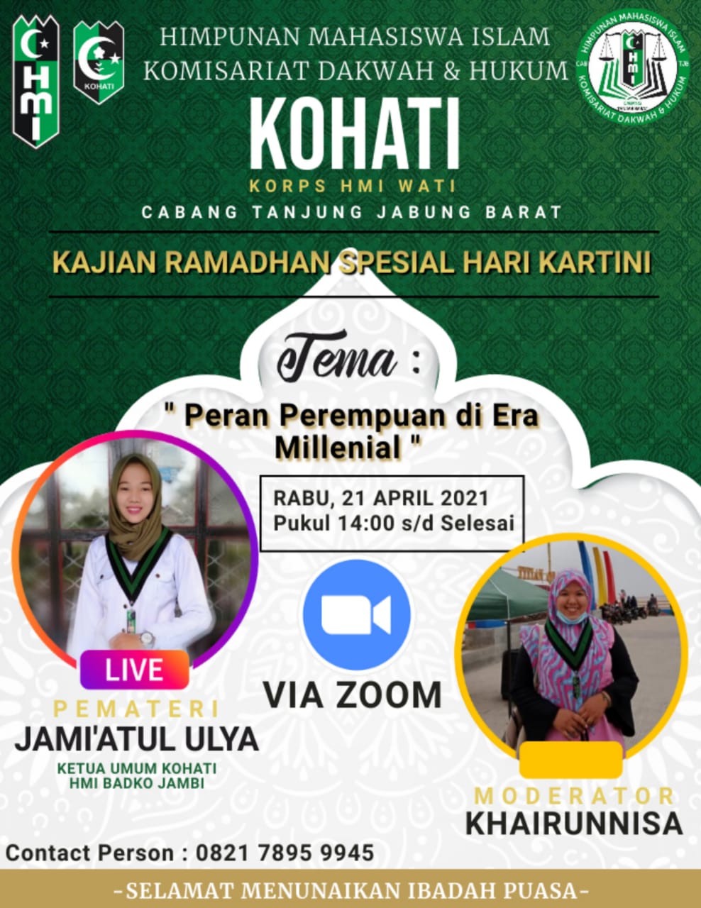 Peringati Hari Kartini, Kohati HMI Komsat Dakwah Dan Hukum Gelar Kajian Secara Daring