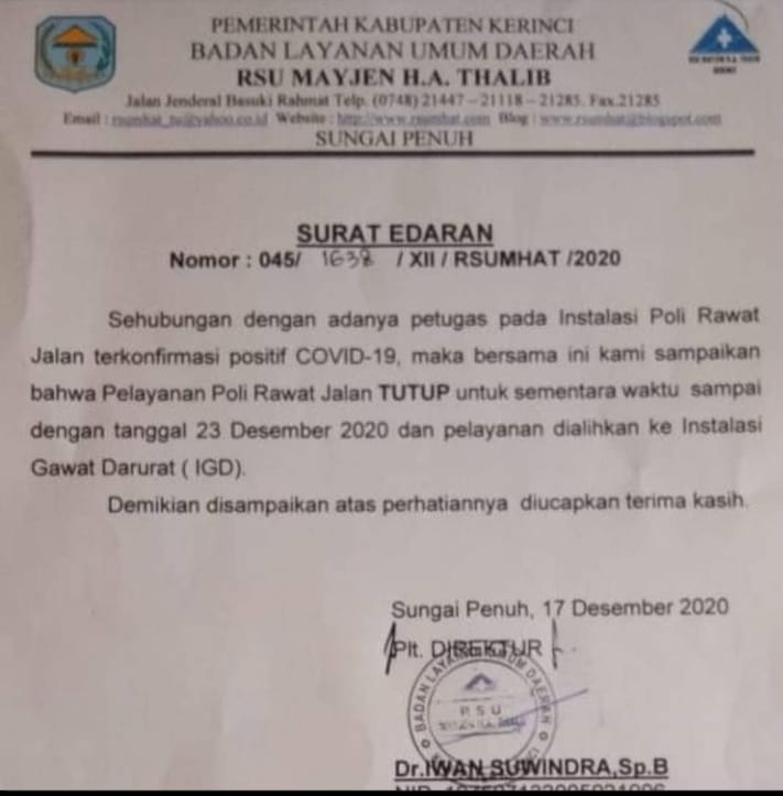 Pegawai RSU MHA Thalib Kerinci Positif Covid-19, Poliklinik Rumah Sakit Ditutup